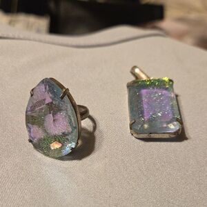 Iridescent Teardrop and Emerald-Cut Ring Set - Women Jewelry